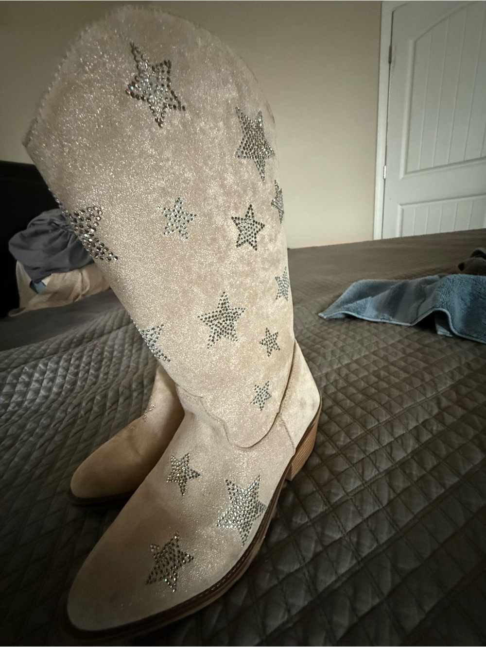 Beige Suede Star-Embellished Knee Boot - Women's